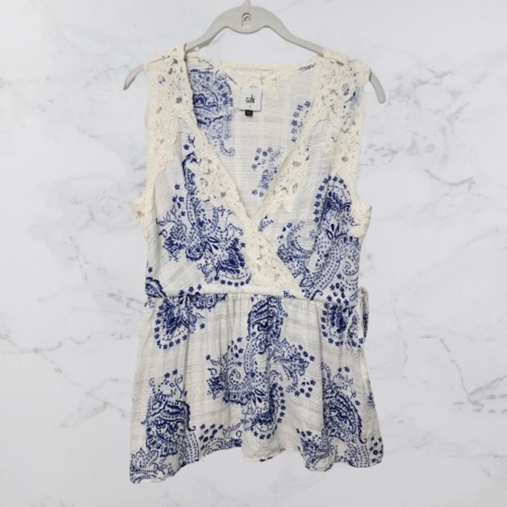Cabi Veranda Lace Trim Paisley Sleeveless Top Small Blue White